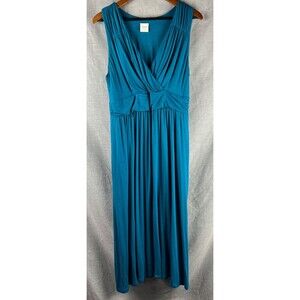 Soma Maxi Dress Women's Size Large Teal Stretch Rayon Knit Faux Wrap Pockets